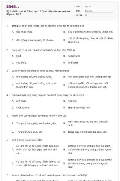 Bộ 3 đề thi cuối kì 2 Sinh học 10 Cánh diều cấu trúc mới có đáp án - Đề 2