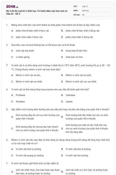 Bộ 3 đề thi cuối kì 2 Sinh học 10 Cánh diều cấu trúc mới có đáp án - Đề 3