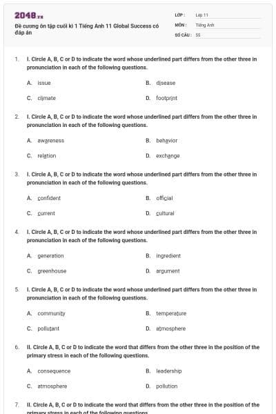 Đề cương ôn tập cuối kì 1 Tiếng Anh 11 Global Success có đáp án