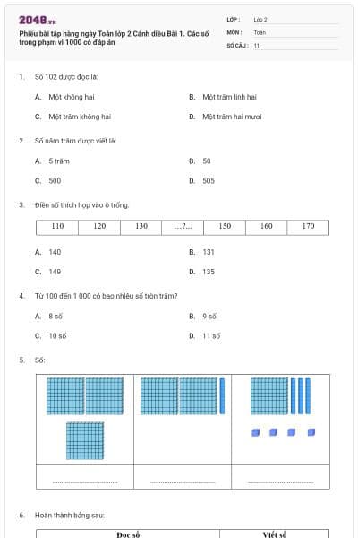 Phiếu bài tập hàng ngày Toán lớp 2 Cánh diều Bài 1. Các số trong phạm vi 1000 có đáp án