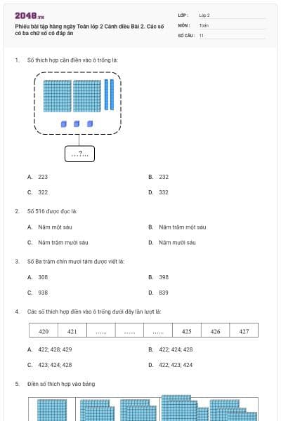 Phiếu bài tập hàng ngày Toán lớp 2 Cánh diều Bài 2. Các số có ba chữ số có đáp án