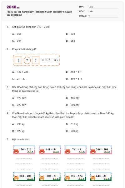 Phiếu bài tập hàng ngày Toán lớp 2 Cánh diều Bài 9. Luyện tập có đáp án