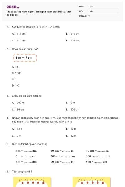 Phiếu bài tập hàng ngày Toán lớp 2 Cánh diều Bài 10. Mét có đáp án
