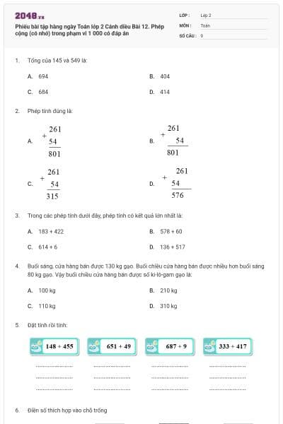 Phiếu bài tập hàng ngày Toán lớp 2 Cánh diều Bài 12. Phép cộng (có nhớ) trong phạm vi 1 000 có đáp án