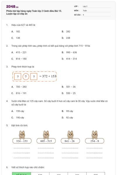 Phiếu bài tập hàng ngày Toán lớp 2 Cánh diều Bài 15. Luyện tập có đáp án