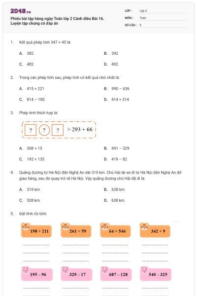 Phiếu bài tập hàng ngày Toán lớp 2 Cánh diều Bài 16. Luyện tập chung có đáp án