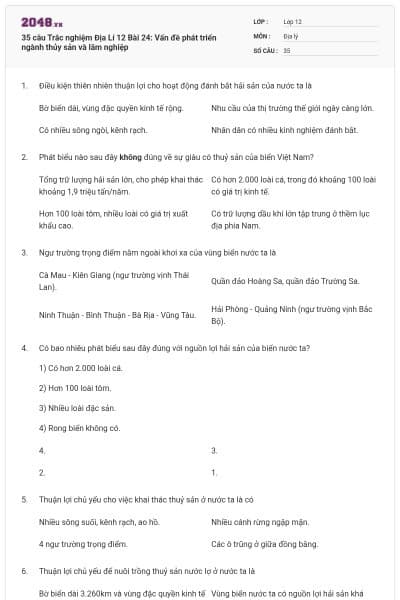35 câu Trắc nghiệm Địa Lí 12 Bài 24: Vấn đề phát triển ngành thủy sản và lâm nghiệp