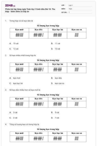Phiếu bài tập hàng ngày Toán lớp 2 Cánh diều Bài 18. Thu thập - kiểm điểm có đáp án