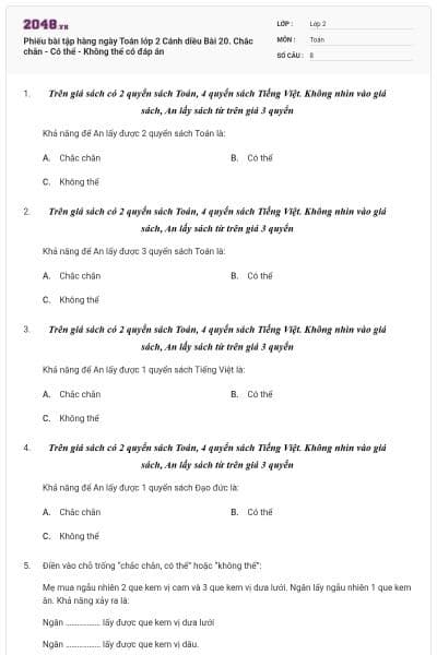 Phiếu bài tập hàng ngày Toán lớp 2 Cánh diều Bài 20. Chắc chắn - Có thể - Không thể có đáp án