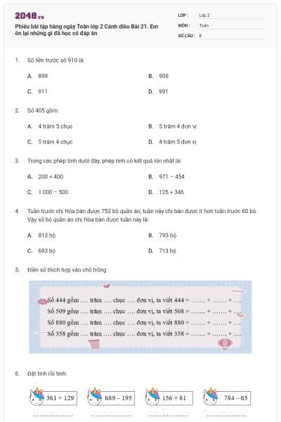 Phiếu bài tập hàng ngày Toán lớp 2 Cánh diều Bài 21. Em ôn lại những gì đã học có đáp án