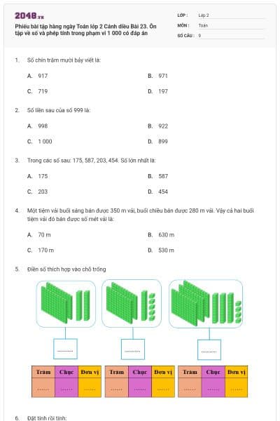 Phiếu bài tập hàng ngày Toán lớp 2 Cánh diều Bài 23. Ôn tập về số và phép tính trong phạm vi 1 000 có đáp án