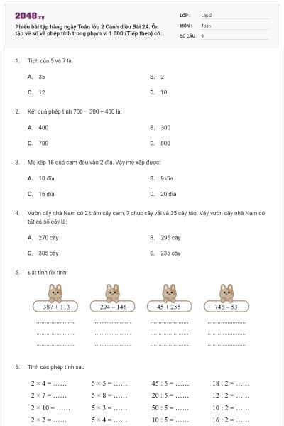 Phiếu bài tập hàng ngày Toán lớp 2 Cánh diều Bài 24. Ôn tập về số và phép tính trong phạm vi 1 000 (Tiếp theo) có đáp án