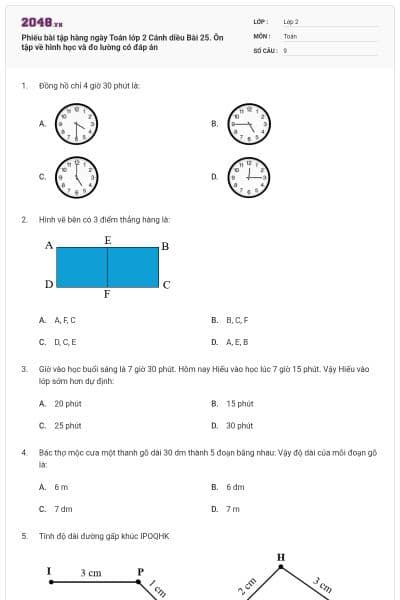 Phiếu bài tập hàng ngày Toán lớp 2 Cánh diều Bài 25. Ôn tập về hình học và đo lường có đáp án