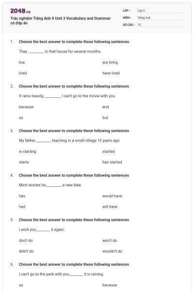 Trắc nghiệm Tiếng Anh 9 Unit 3 Vocabulary and Grammar có đáp án