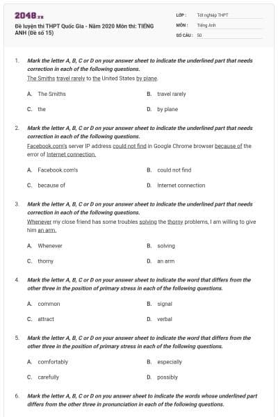 Đề luyện thi THPT Quốc Gia - Năm 2020 Môn thi: TIẾNG ANH (Đề số 15)