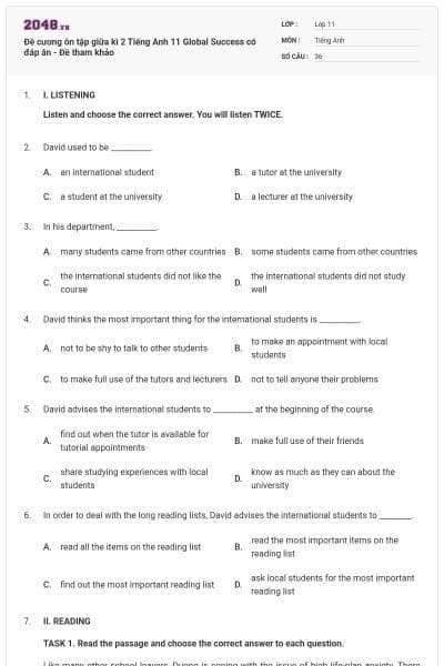 Đề cương ôn tập giữa kì 2 Tiếng Anh 11 Global Success có đáp án - Đề tham khảo