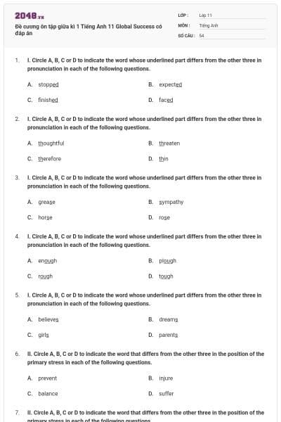 Đề cương ôn tập giữa kì 1 Tiếng Anh 11 Global Success có đáp án
