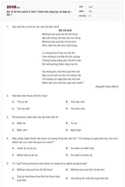 Bộ 10 đề thi cuối kì 2 Văn 7 Chân trời sáng tạo có đáp án - Đề 1