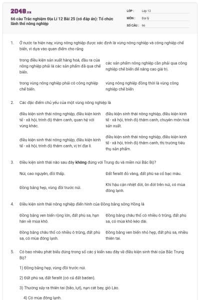 66 câu Trắc nghiệm Địa Lí 12 Bài 25 (có đáp án): Tổ chức lãnh thổ nông nghiệp