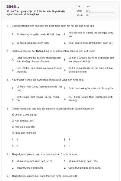 35 câu Trắc nghiệm Địa Lí 12 Bài 24: Vấn đề phát triển ngành thủy sản và lâm nghiệp