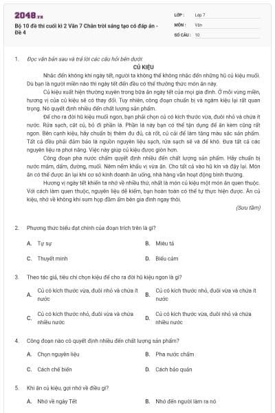 Bộ 10 đề thi cuối kì 2 Văn 7 Chân trời sáng tạo có đáp án - Đề 4