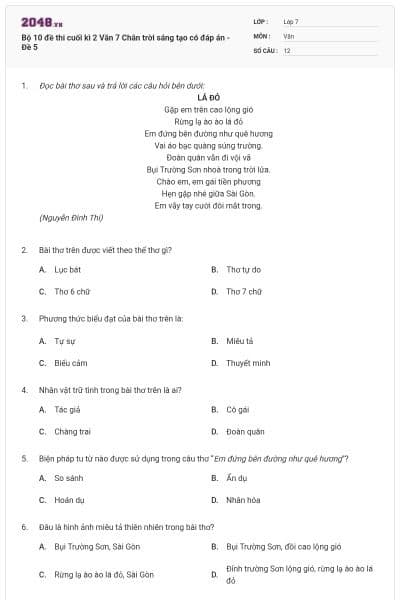 Bộ 10 đề thi cuối kì 2 Văn 7 Chân trời sáng tạo có đáp án - Đề 5