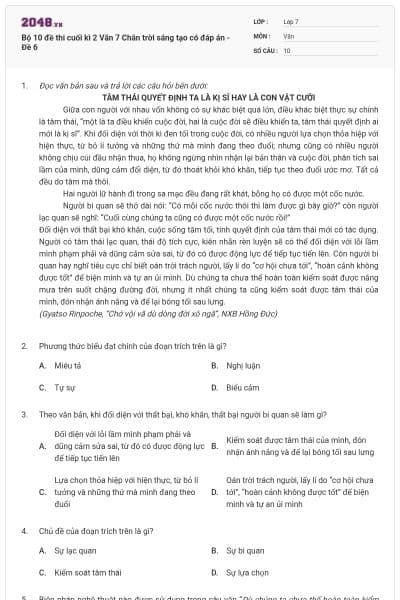 Bộ 10 đề thi cuối kì 2 Văn 7 Chân trời sáng tạo có đáp án - Đề 6