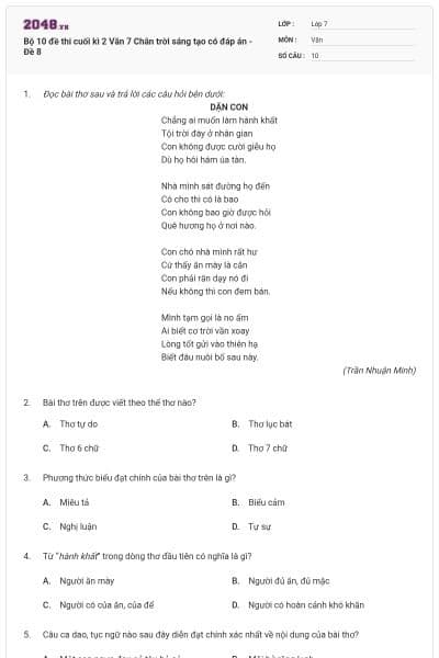 Bộ 10 đề thi cuối kì 2 Văn 7 Chân trời sáng tạo có đáp án - Đề 8