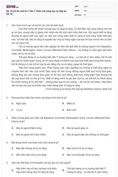 Bộ 10 đề thi cuối kì 2 Văn 7 Chân trời sáng tạo có đáp án - Đề 10