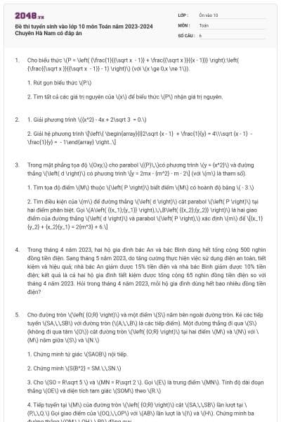 Đề thi tuyển sinh vào lớp 10 môn Toán năm 2023-2024 Chuyên Hà Nam có đáp án