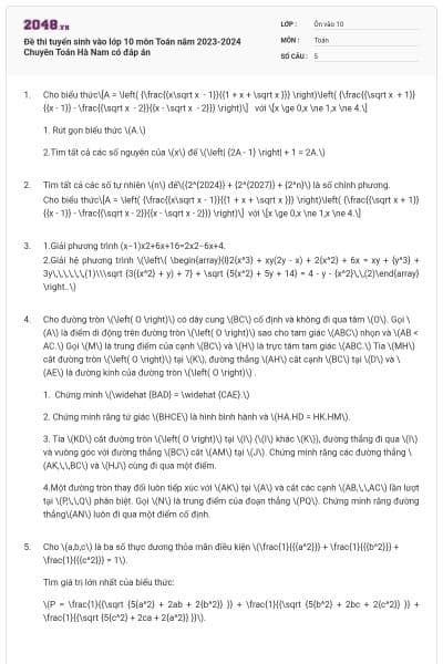 Đề thi tuyển sinh vào lớp 10 môn Toán năm 2023-2024 Chuyên Toán Hà Nam có đáp án