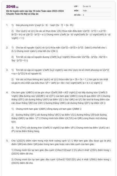 Đề thi tuyển sinh vào lớp 10 môn Toán năm 2023-2024 Chuyên Toán Hà Nội có đáp án