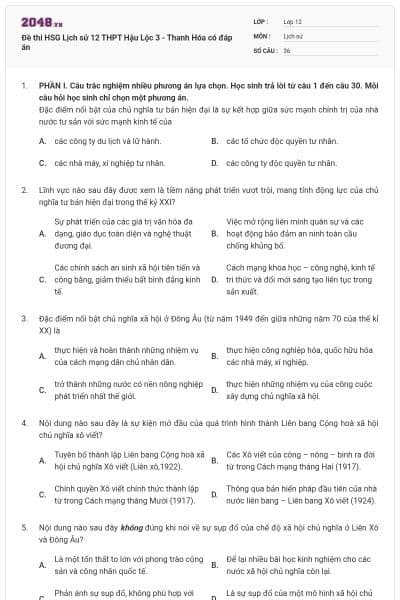 Đề thi HSG Lịch sử 12 THPT Hậu Lộc 3 - Thanh Hóa có đáp án