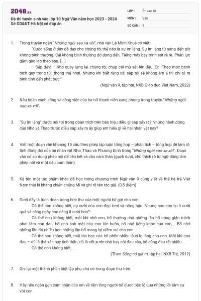 Đề thi tuyển sinh vào lớp 10 Ngữ Văn năm học 2023 - 2024 Sở GD&ĐT Hà Nội có đáp án