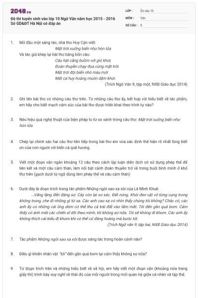 Đề thi tuyển sinh vào lớp 10 Ngữ Văn năm học 2015 - 2016 Sở GD&ĐT Hà Nội có đáp án