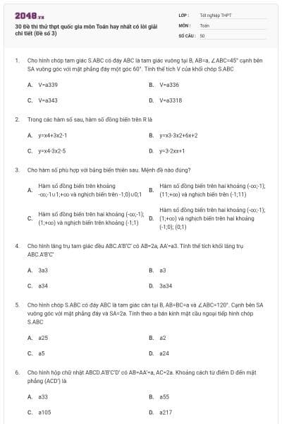 30 Đề thi thử thpt quốc gia môn Toán hay nhất có lời giải chi tiết (Đề số 3)