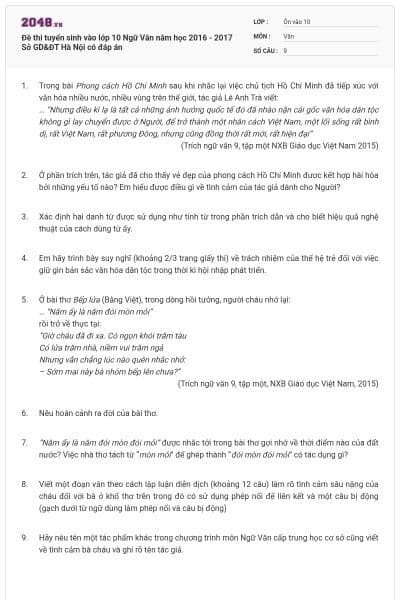 Đề thi tuyển sinh vào lớp 10 Ngữ Văn năm học  2016 - 2017 Sở GD&ĐT Hà Nội có đáp án