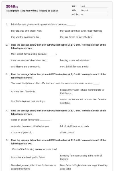 Trắc nghiệm Tiếng Anh 9 Unit 3 Reading có đáp án