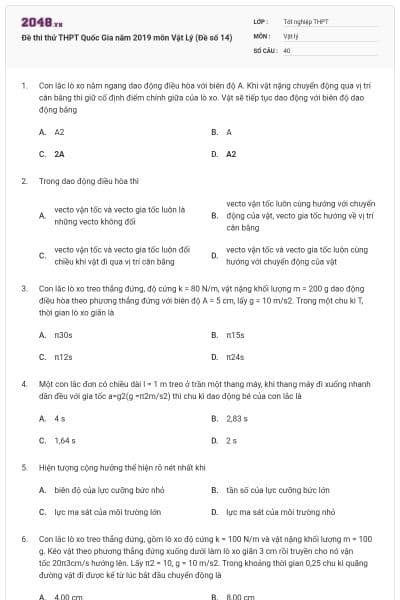 Đề thi thử THPT Quốc Gia năm 2019 môn Vật Lý (Đề số 14)