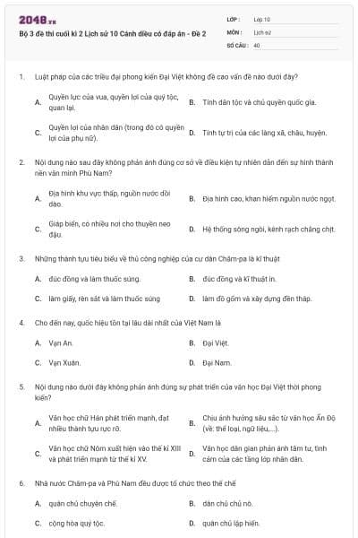 Bộ 3 đề thi cuối kì 2 Lịch sử 10 Cánh diều có đáp án - Đề 2