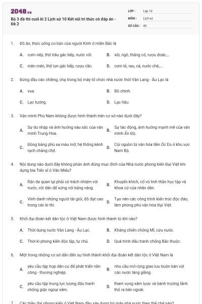 Bộ 3 đề thi cuối kì 2 Lịch sử 10 Kết nối tri thức có đáp án - Đề 2
