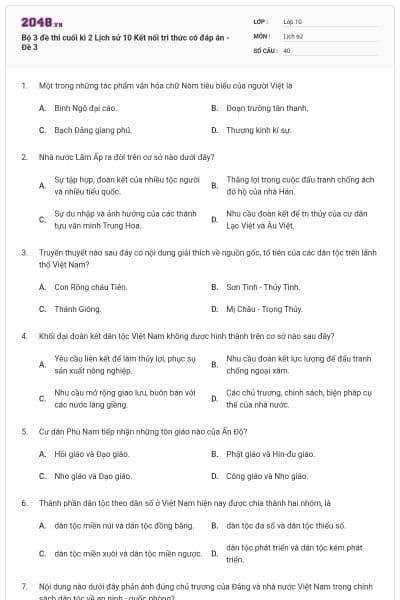Bộ 3 đề thi cuối kì 2 Lịch sử 10 Kết nối tri thức có đáp án - Đề 3