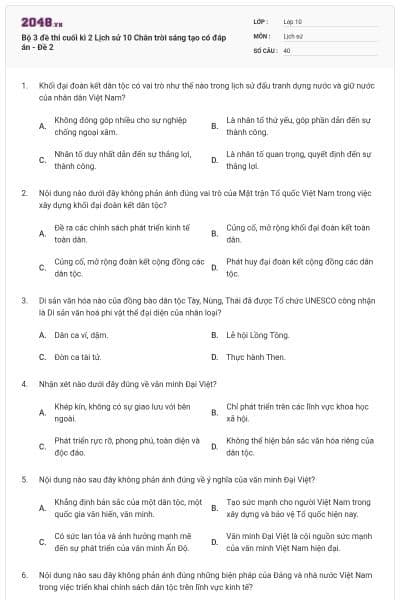 Bộ 3 đề thi cuối kì 2 Lịch sử 10 Chân trời sáng tạo có đáp án - Đề 2