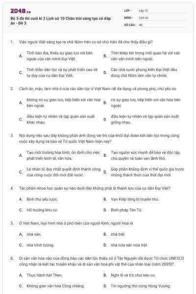 Bộ 3 đề thi cuối kì 2 Lịch sử 10 Chân trời sáng tạo có đáp án - Đề 3