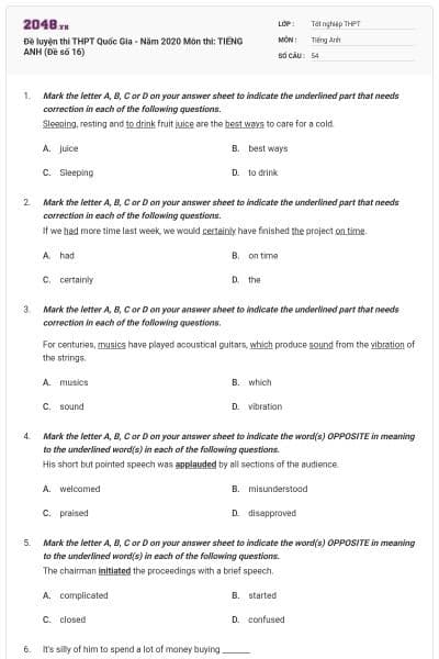 Đề luyện thi THPT Quốc Gia - Năm 2020 Môn thi: TIẾNG ANH (Đề số 16)