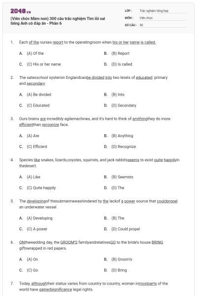 (Viên chức Mầm non) 300 câu trắc nghiệm Tìm lỗi sai tiếng Anh có đáp án - Phần 6