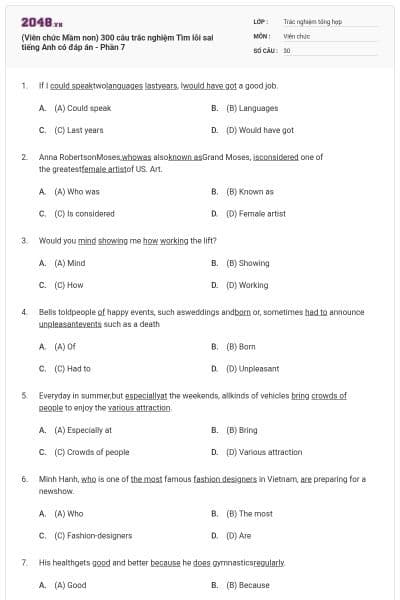 (Viên chức Mầm non) 300 câu trắc nghiệm Tìm lỗi sai tiếng Anh có đáp án - Phần 7