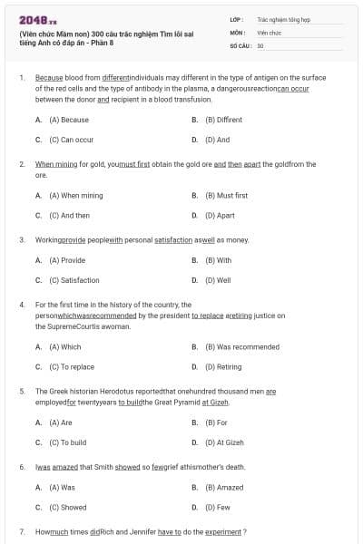 (Viên chức Mầm non) 300 câu trắc nghiệm Tìm lỗi sai tiếng Anh có đáp án - Phần 8