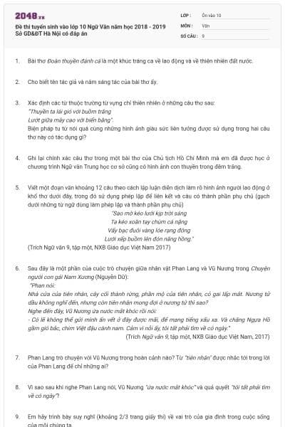 Đề thi tuyển sinh vào lớp 10 Ngữ Văn năm học 2018 - 2019 Sở GD&ĐT Hà Nội có đáp án