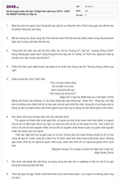 Đề thi tuyển sinh vào lớp 10 Ngữ Văn năm học 2019 - 2020 Sở GD&ĐT Hà Nội có đáp án